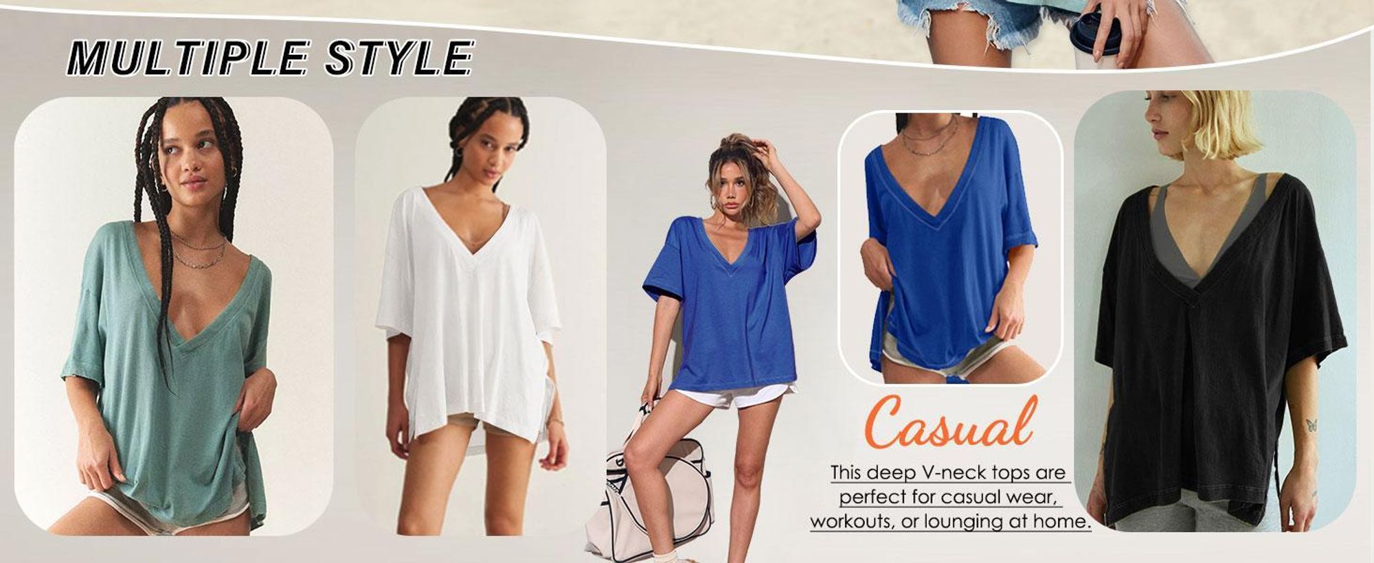 Oversized Damen-T-Shirt, tiefer V-Ausschnitt, lockere Passform, Seitenschlitze