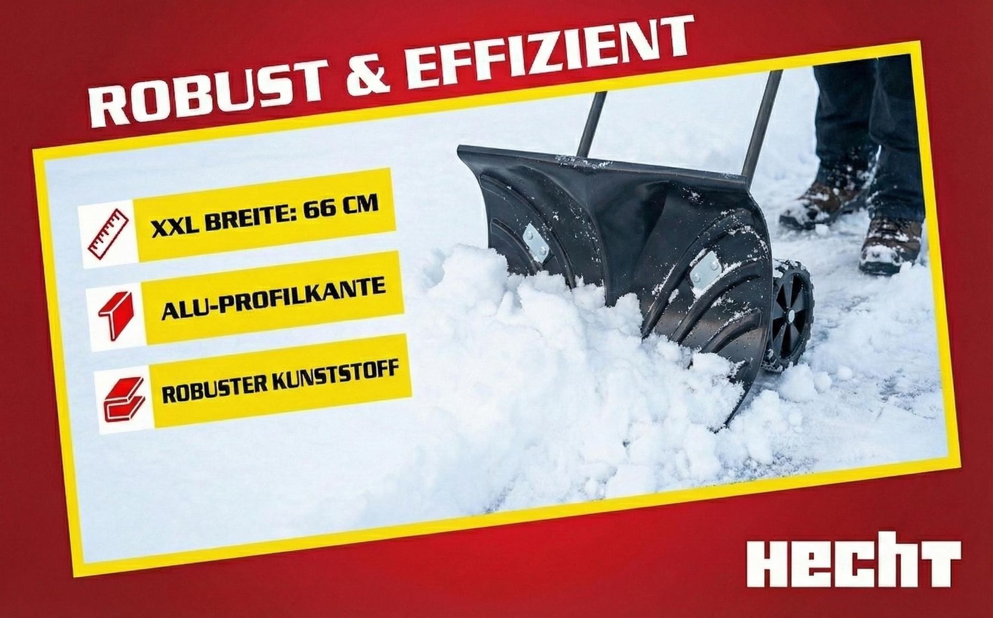 HECHT 661 GT Schneeschieber Schneeschaufel mit Räder | 66 cm Räumbreite | Alu-Profil-Kante | 140 cm Höhe