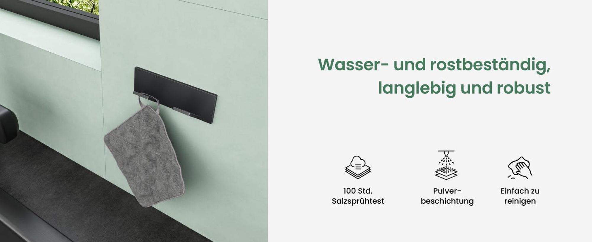 Mai & Mai Kleiderhaken ohne Bohren Wandgarderobe Wandhaken aus Edelstahl mit 2 Haken Garderobenleiste Garderobenhaken 81mm Matt schwarz Stalo-02