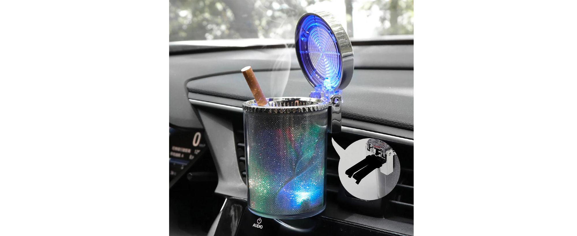 D98C KFZ Autoaschenbecher mit LED Beleuchtung – Rauchfreier Aschenbecher für Getränkehalter, Gluttöter, Geruchsdicht, Universal 12V