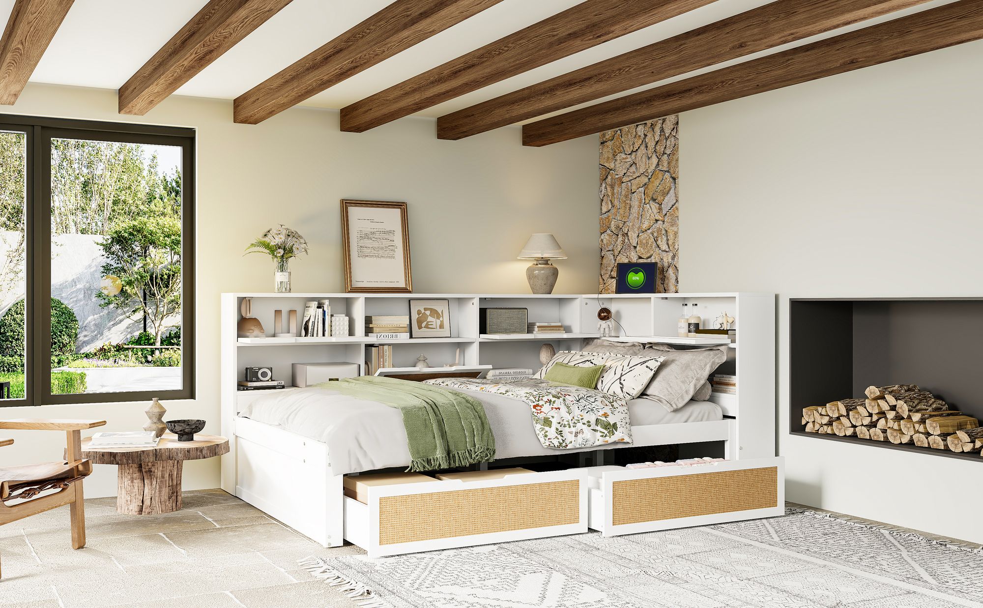 okwish Schlafsofa 140×200 cm，Kinderbett Jugendbett Multifunktionales Einzelbett mit vielen Staufächern und Ladeanschluss，Ohne Matratze，Weiß