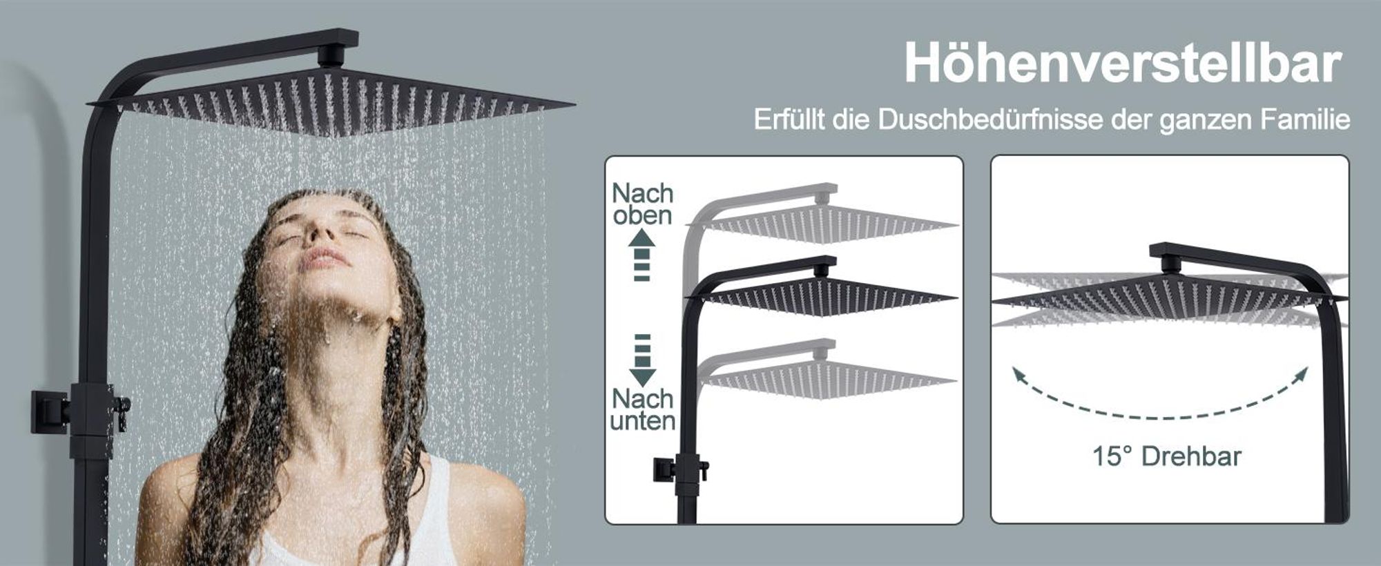Homelody Duschsystem mit Thermostat, Edelstahl Duscharmatur mit Armatur, 30*30CM Großer Regendusche Duschkopf Höhenverstellbar 855-1105MM Schwarz