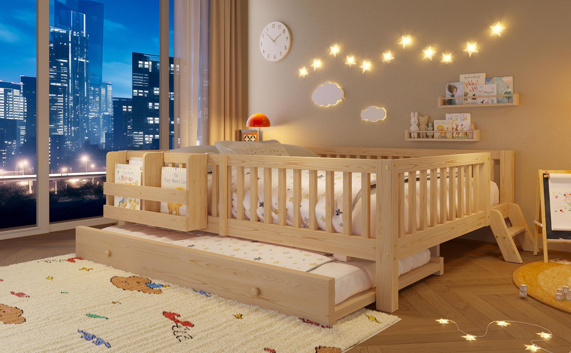 Merax 140x200 cm Kinderbett, Plattformbett mit Ausziehbett, Tagesbett mit Bücherregal, Massivholz Kinderbett, Jugendbett Gästebett, Flachbett, Natur
