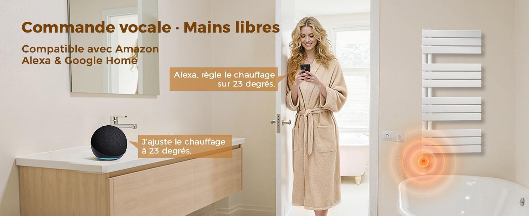 S'AFIELINA thermoplongeur avec thermostat 900W, minuterie programmable & affichage LCD, WiFi, pour radiateur de salle de bain, acier inoxydable, contrôle intelligent, blanc