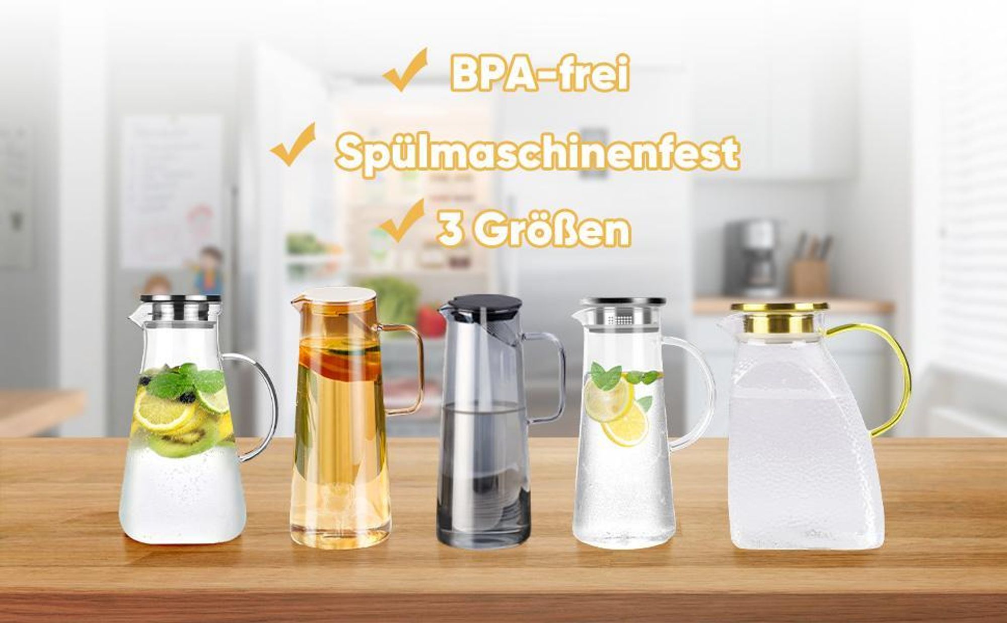 Unsere GlasKaraffe sind in 3 Größen erhältlich: 1,5 L, 1,8 L und 2,2 L.