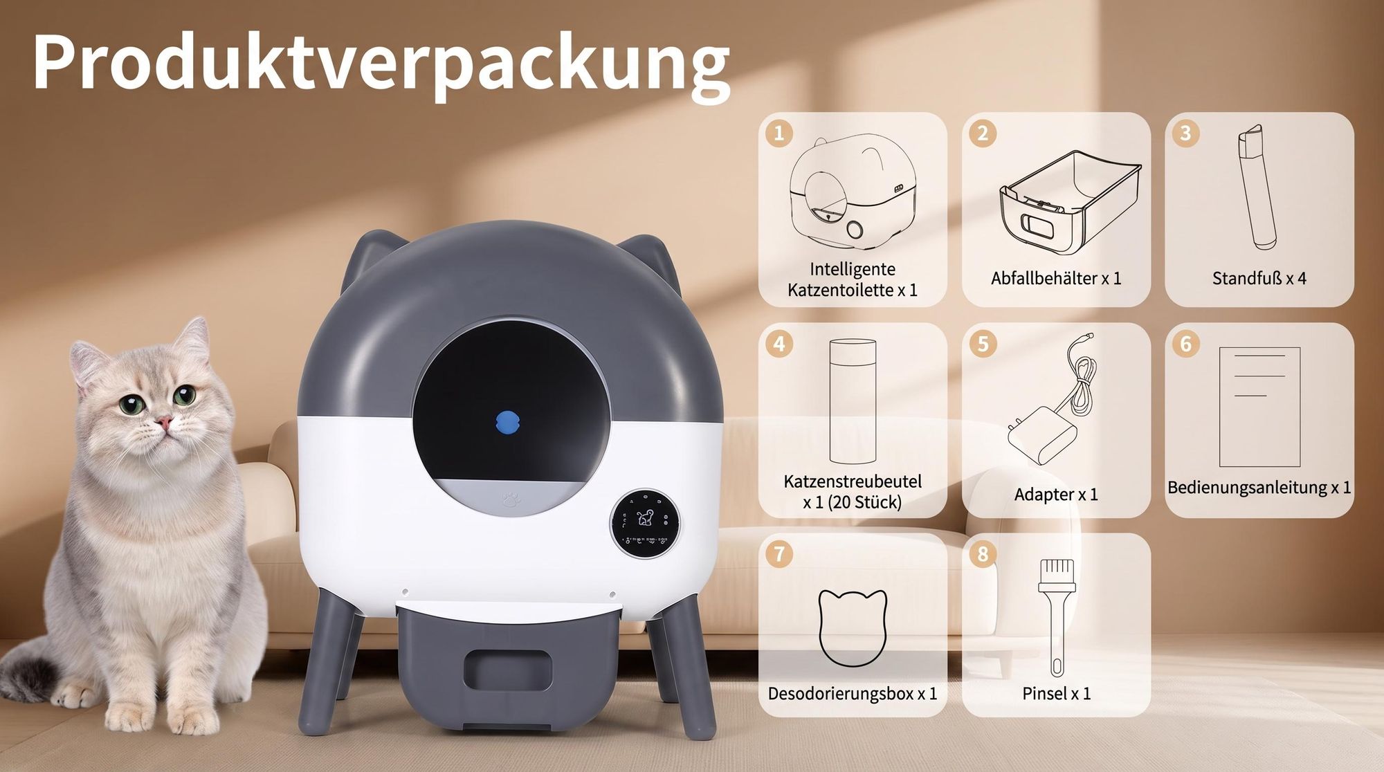 Selbstreinigende Katzentoilette 76L XXL Katzenklo mit App-Steuerung, für mehrere Katzen, 8-fach Anti-Klemm-Sensoren, geruchsarm, leise, LED-Nachtlicht