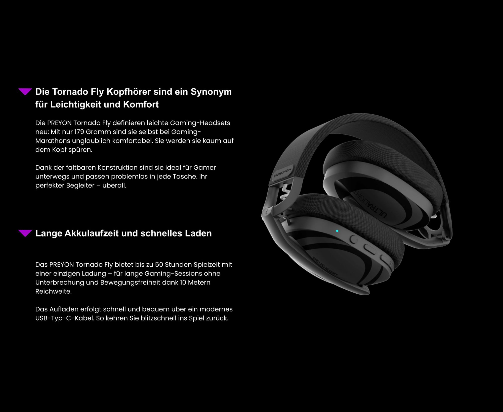 PREYON Tornado Fly | Over Ear Headphones | Gaming-Kopfhörer PTF40B, Bluetooth 5.2, Wireless 2.4 GHz, ENC Noise Canceling, Surround 7.1, Schwarz