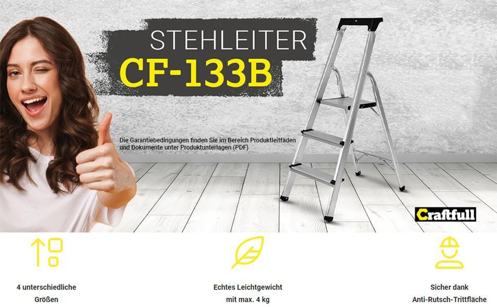 Craftfull Stehleiter CF-133B | Aluminium-Haushaltsleiter - Leiter - Ablagefläche - Gummi-Standfüße - Anti-Rutsch - 3-6 Stufen - 150 kg (4 Stufen)
