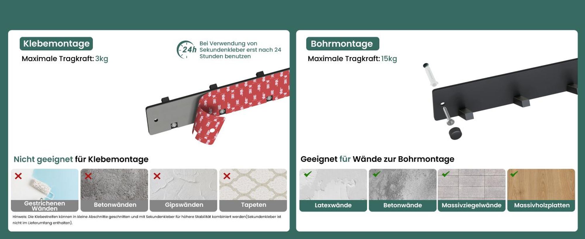 Mai & Mai Kleiderhaken Wandgarderobe Wandhaken aus Edelstahl mit 5 Haken Garderobenleiste Garderobenhaken 30cm Matt schwarz Stalo-05