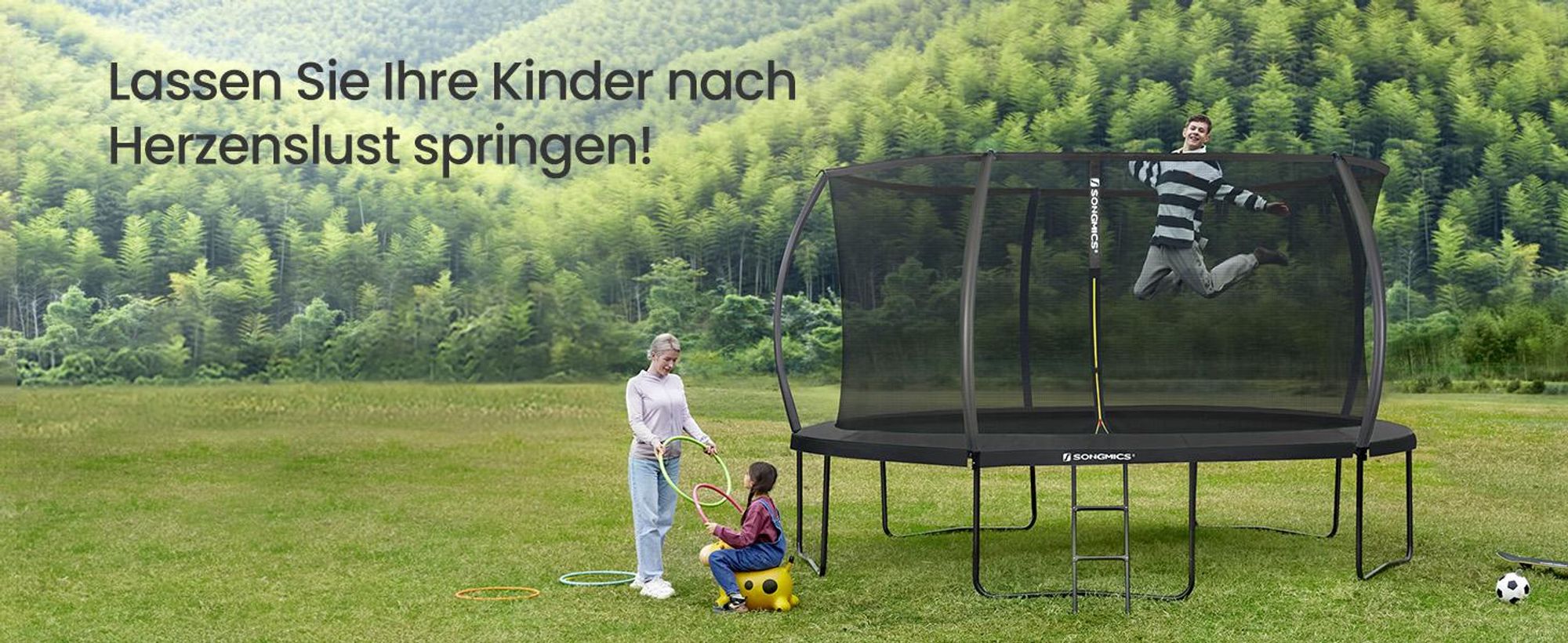 SONGMICS Trampolin 427 cm d, Gartentrampolin mit Sicherheitsnetz, 180 cm hohe Stangen, Randabdeckung, Leiter, schwarz