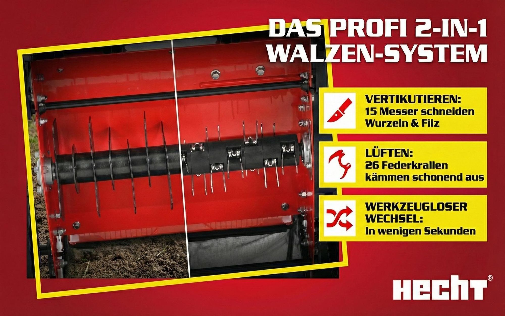 HECHT 5645 Vertikutierer Benzin | 2in1 Rasenlüfter | 40 cm Arbeitsbreite | 5,8 PS | Zentrale Höhenverstellung | 15 Messer | 26 Krallen