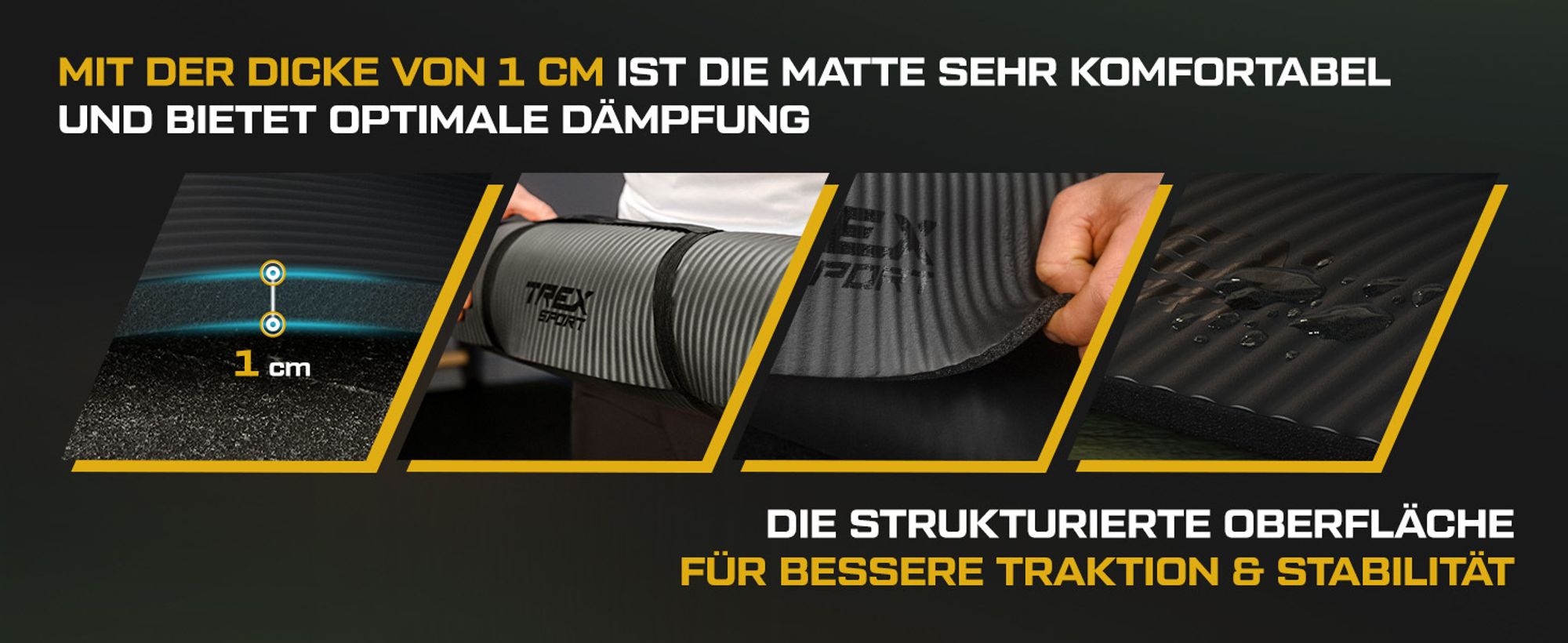 TREX SPORT Gymnastikmatte Fitnessmatte TX-018NGM | Yogamatte Pilates 180×60×1cm|Trainingsmatte rutschfest, wasserdicht, Tragegurt | Sportmatte schwarz