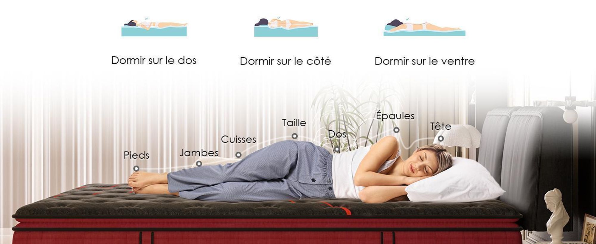 DEWINNER Ensemble Matelas et Sommier 160x200, Surmatelas Épaisseur 30 cm, Fermeté Moyenne, Sommiers à Lattes avec 9 Pieds pour Adulte, 2x16 Lattes