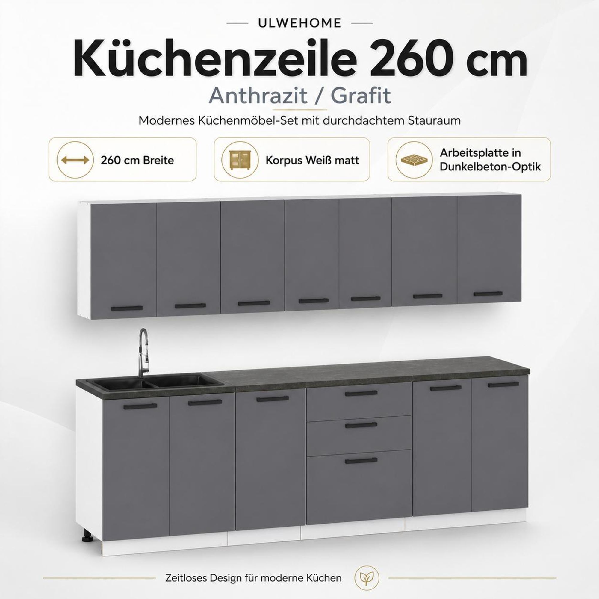 Küchenzeile 260 cm in Anthrazit/Grafit mit weißen Korpussen und dunkler Arbeitsplatte