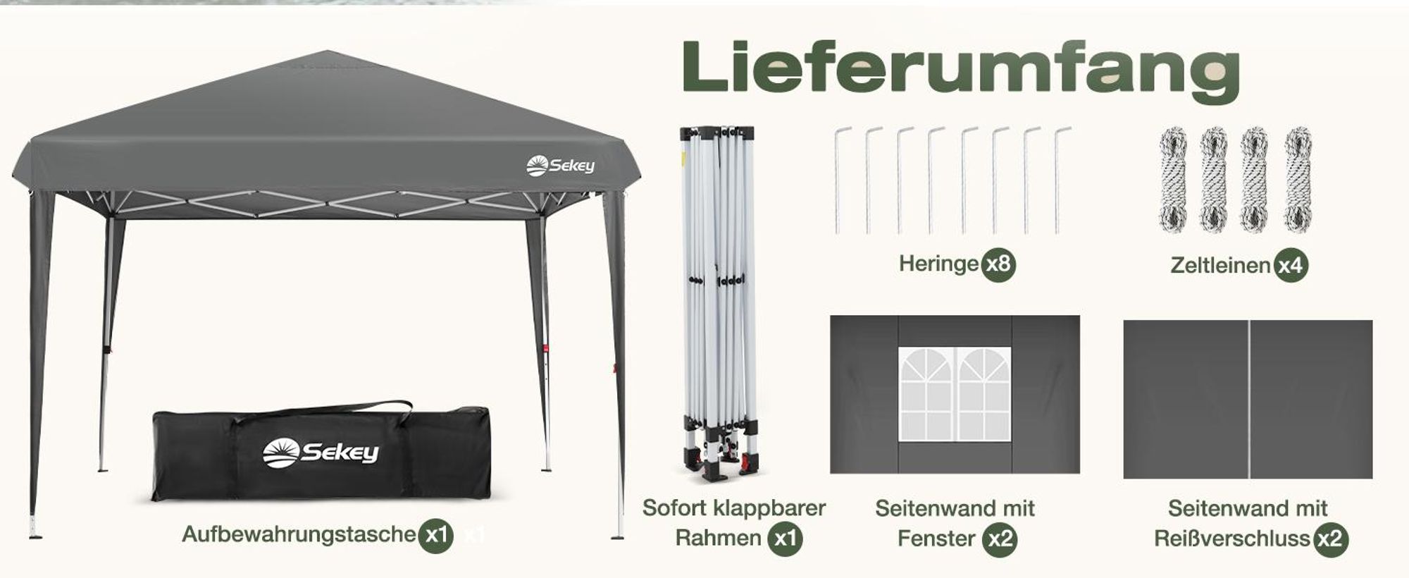 Sekey Faltpavillon 2x2 m wasserdicht UV50+ Gartenpavillon Partyzelt mit 4 Seitenteilen höhenverstellbar, Grau