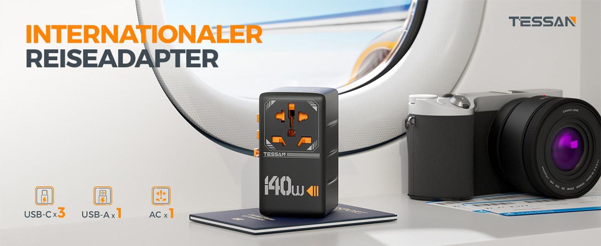 TESSAN Universal Reiseadapter 140W GaN Internationaler Steckeradapter mit 3 USB-C und 1 USB-A Typ C/G/A/I Schwarz