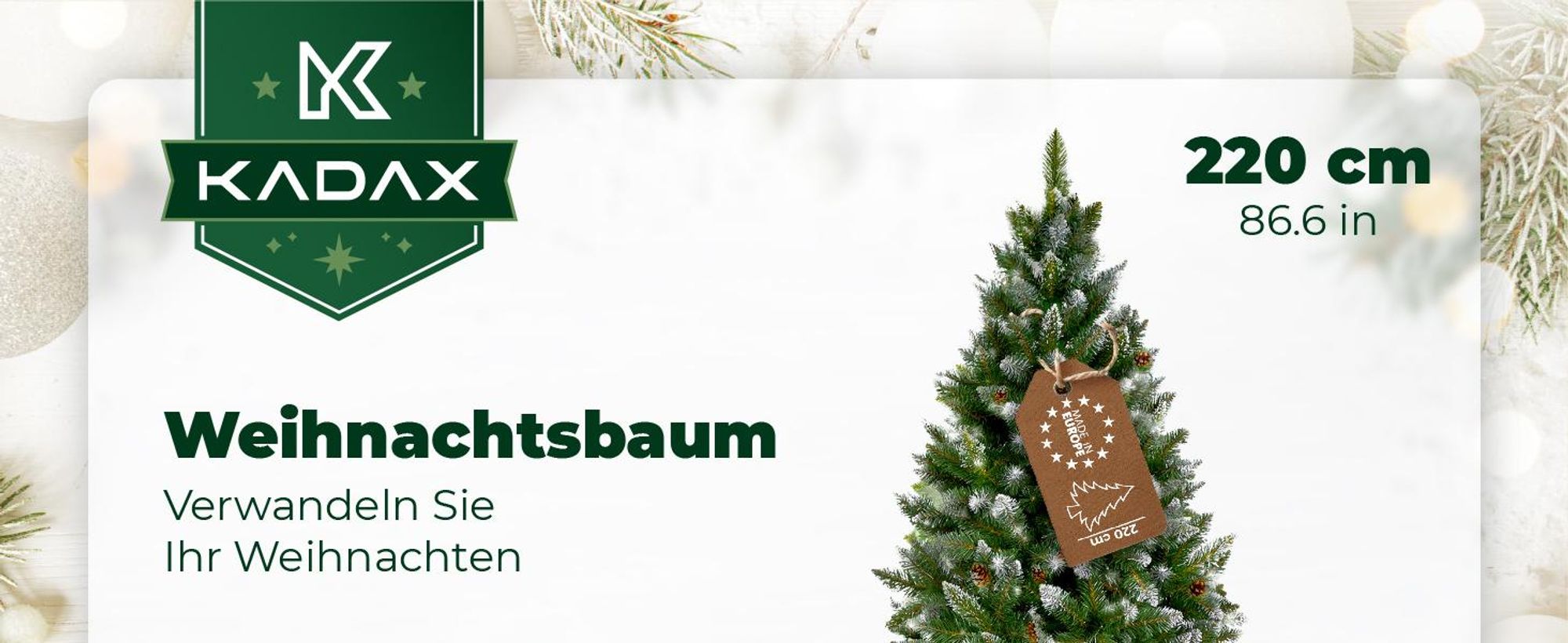 KADAX künstlicher Weihnachtsbaum mit Raureif und Zapfen 220 cm, grün Tannenbaum mit 521 Zweigen