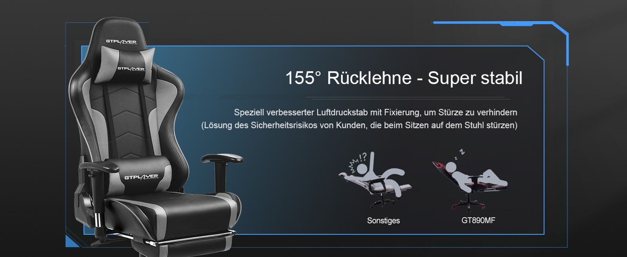 GTPLAYER Gaming Stuhl Mit Fußstützen Bluetooth Lautsprecher Musik Stuhl Ergonomischer Computerstuhl Schreibtischstuhl Gamer Stuhl Grau