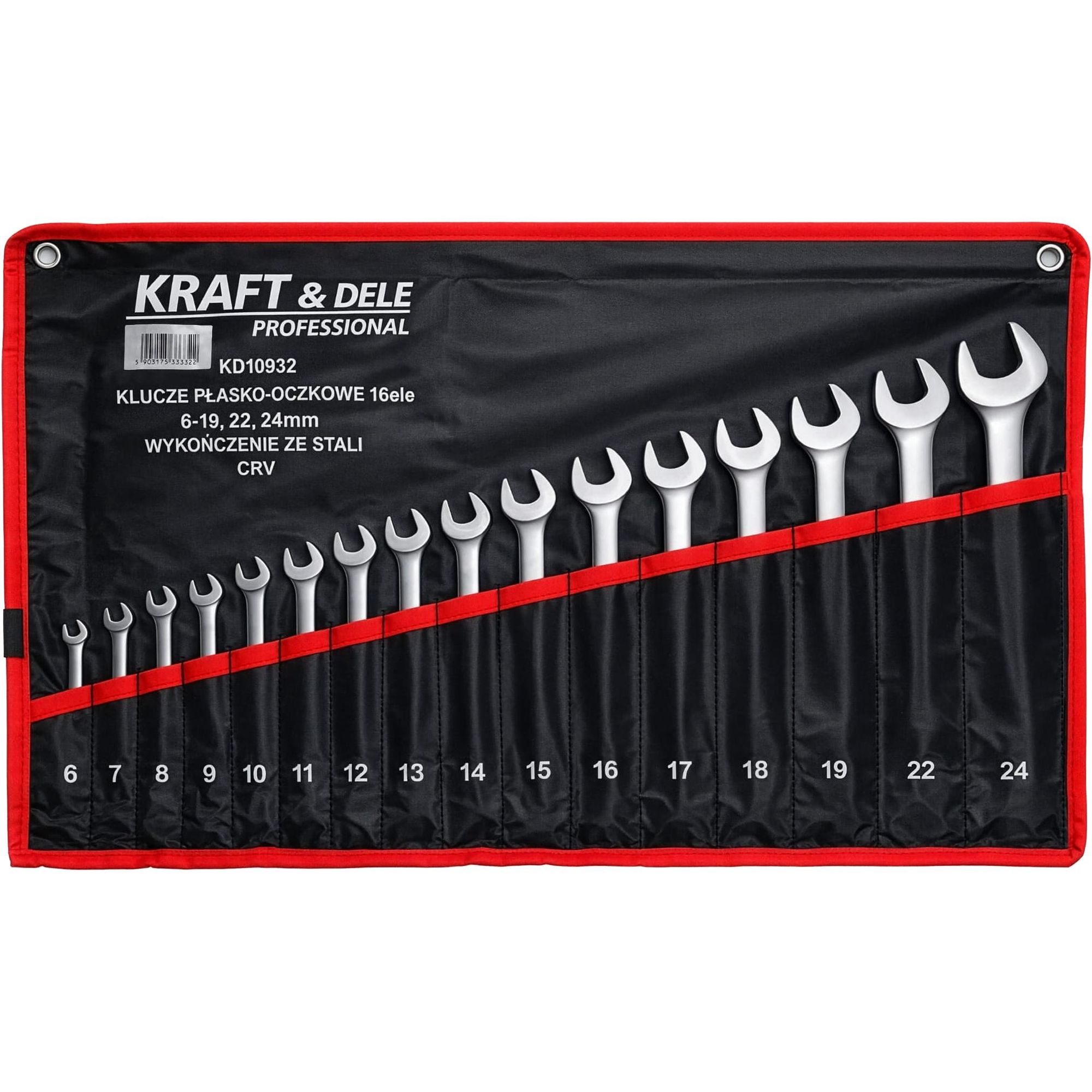KRAFT&DELE | Maul-Ringschlüssel-Satz, 16-tlg, SW 6 - 24 mm, Tetron-Rolltasche, Gabelringschlüssel