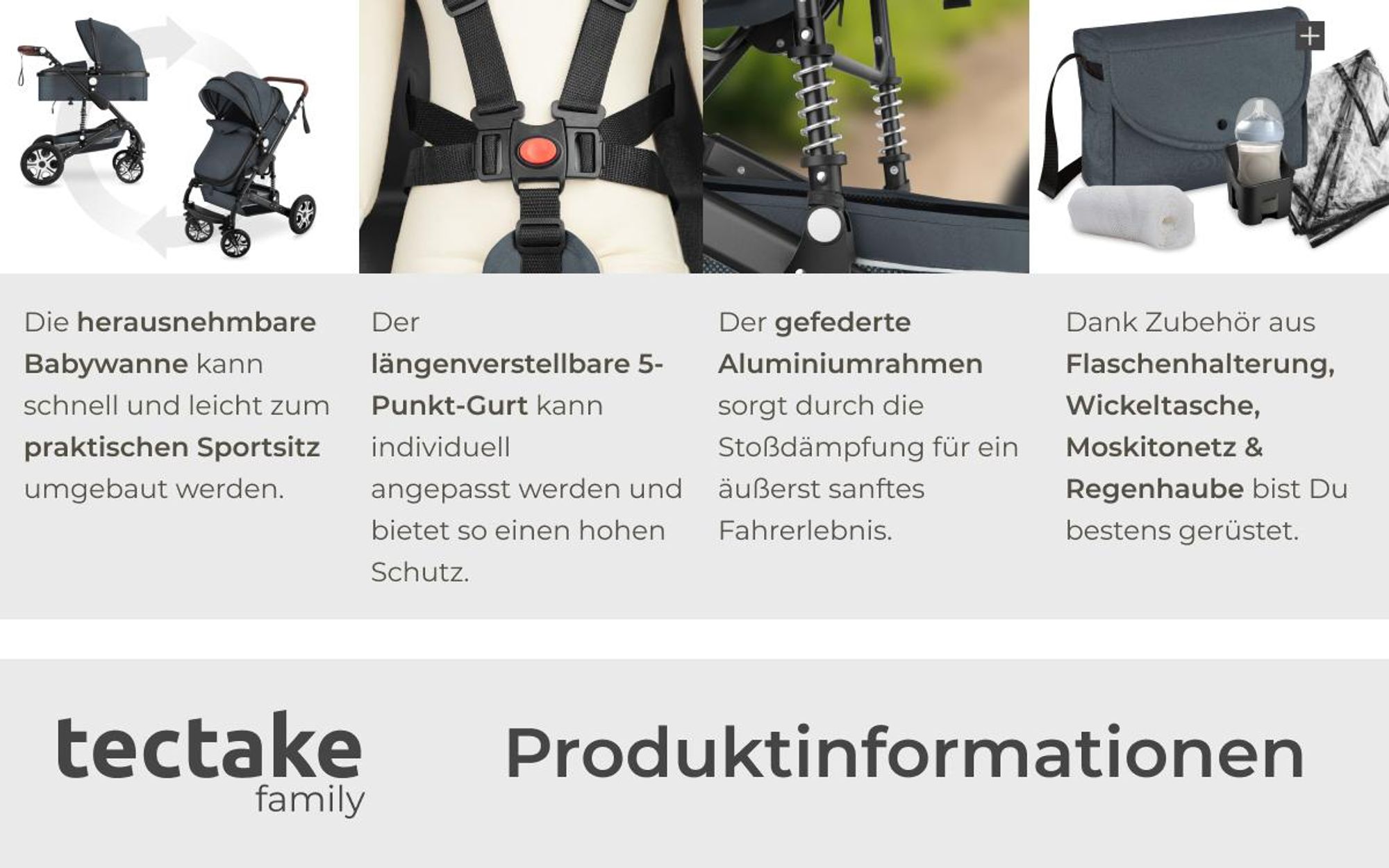tectake® Kombi-Kinderwagen Mats 2 in 1, klappbar, mit 5-Punkt-Gurt, Bremse, Schutzbügel und Handschlaufe für 0 bis 36 Monate geeignet, Belastbarkeit 15 kg