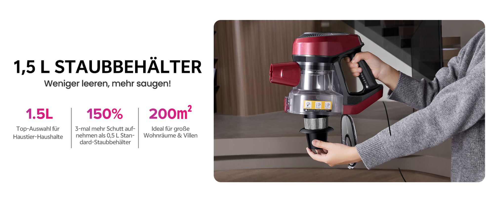 Vactidy C8 Staubsauger mit Kabel 7m/60kPa/600W Handstaubsauger 1,5L Beutelloser Staubbehälter, Antiverhedderungs-Bürste für Böden Teppiche Tierhaare