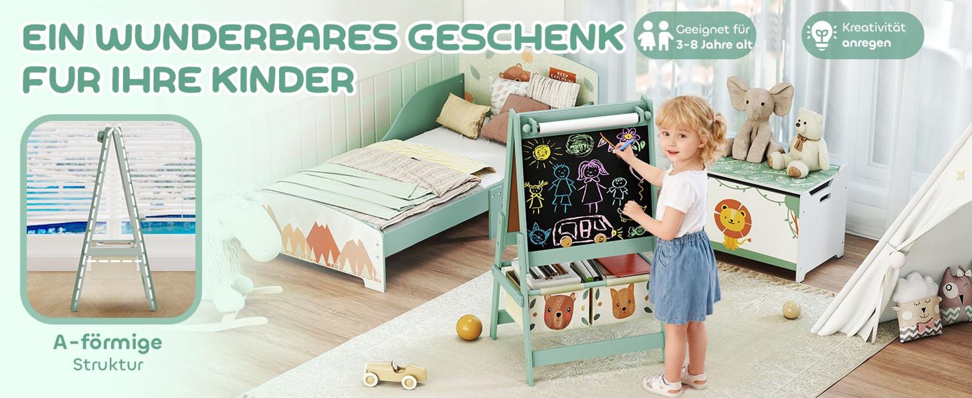 AIYAPLAY Kindertafel, 3 in 1 Kinder Staffelei Doppelseitig, mit Papierrolle