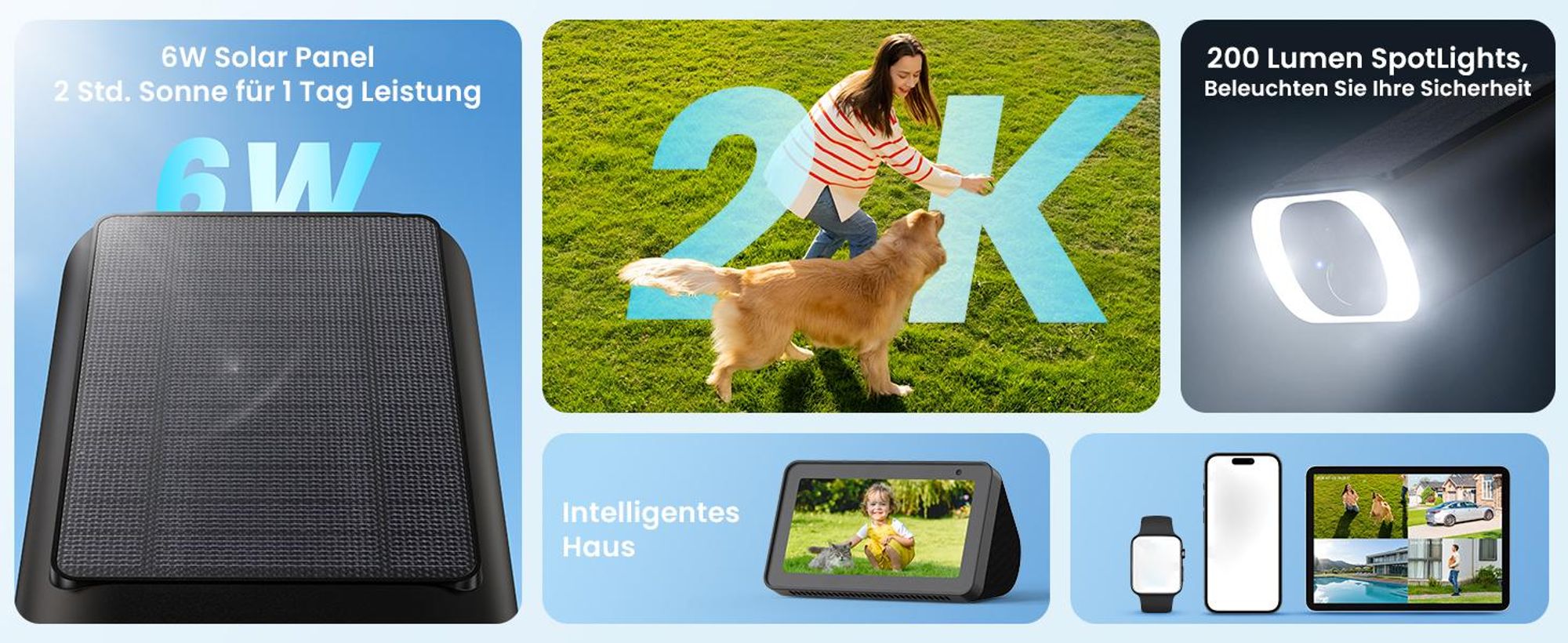 2K Überwachungskamera Aussen Solar, PTZ Kamera Überwachung Aussen Akku 2,4GHz WLAN Kamera mit PIR Bewegungsmelder