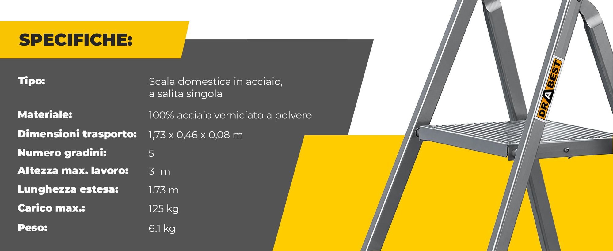 DRABEST | conduttore in acciaio, scala, scala domestica, scala a 5 gradini, sgabello pieghevole, acciaio, universale, fino a 125 kg
