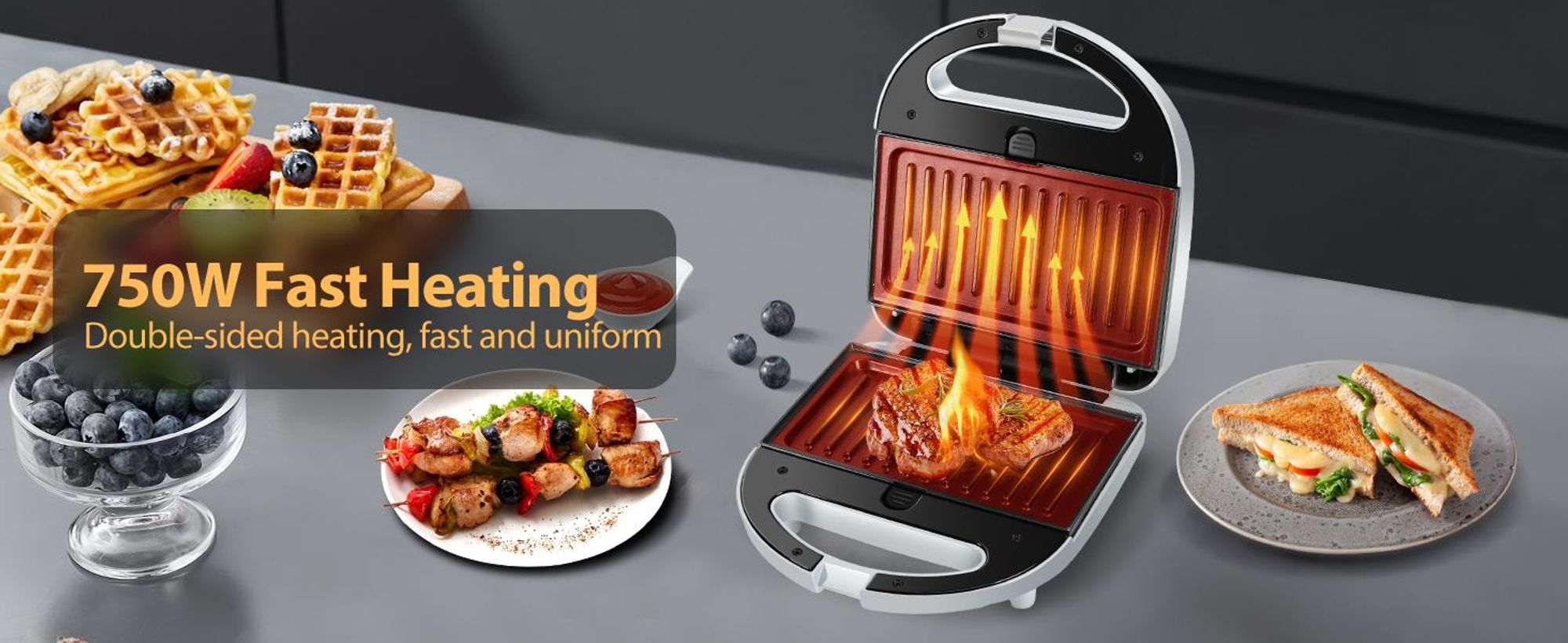 Aigostar 3-in-1-Kombi-Waffeleisen 750 W Sandwichmaker, 3 Austauschbare Platten, Beidseitiges Grillen, Antihaftbeschichtet, Automatisches Thermostat