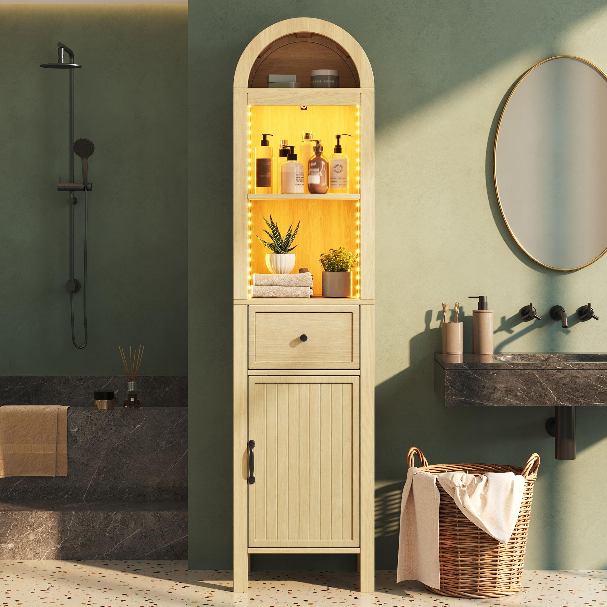 Merax Badezimmerschrank mit LED, Badschrank Hochschrank mit verstellbaren Böden, Kommode mit Schublade aus MDF, Soft-Close, bogenförmig, Naturfarbe