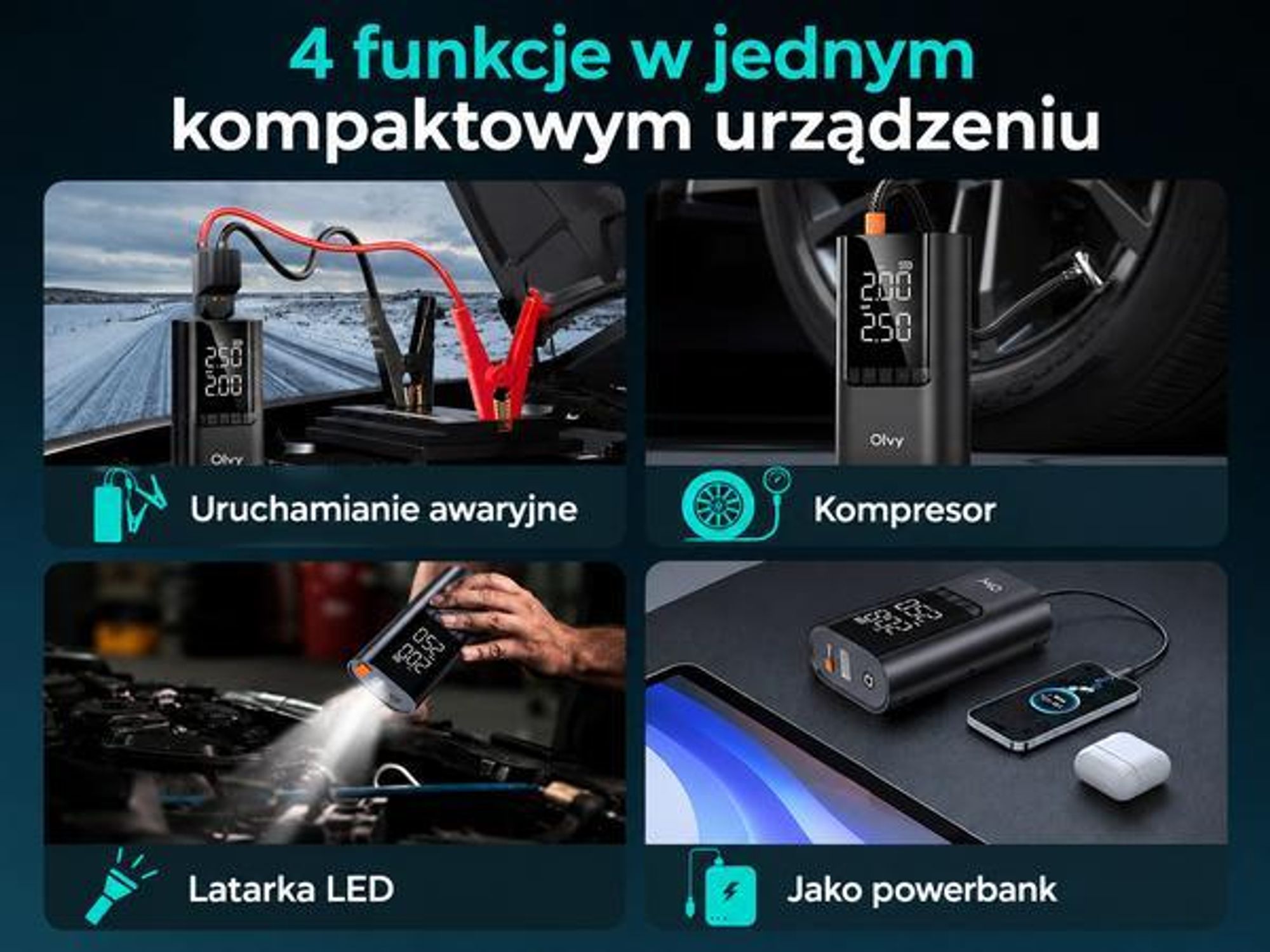 Rozrusznik samochodowy Olvy 5000A power bank 12V - do 7,0 l benzyny i 5,5 l oleju napędowego, rozrusznik z latarką, power bank USB, zabezpieczenie przed zwarciem i wodoodporność