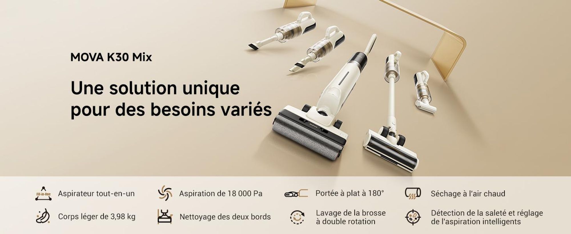 MOVA K30 Mix aspirateur laveur 18 000 Pa, plat 180°, brosses double rotation, nettoyage des bords, séchage air chaud, léger, 30 min autonomie