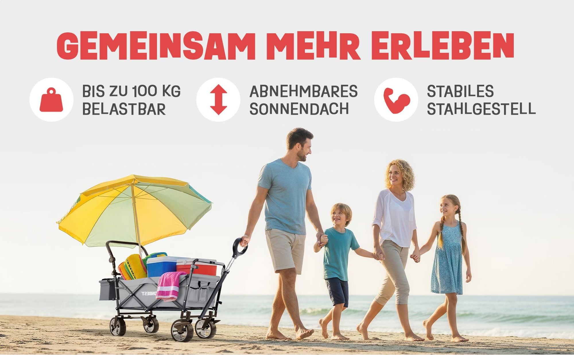 ONBEST Bollerwagen | faltbar | mit Dach | mit Regenschutz | 100 kg | Kühltasche | Wetterfest | UV30+