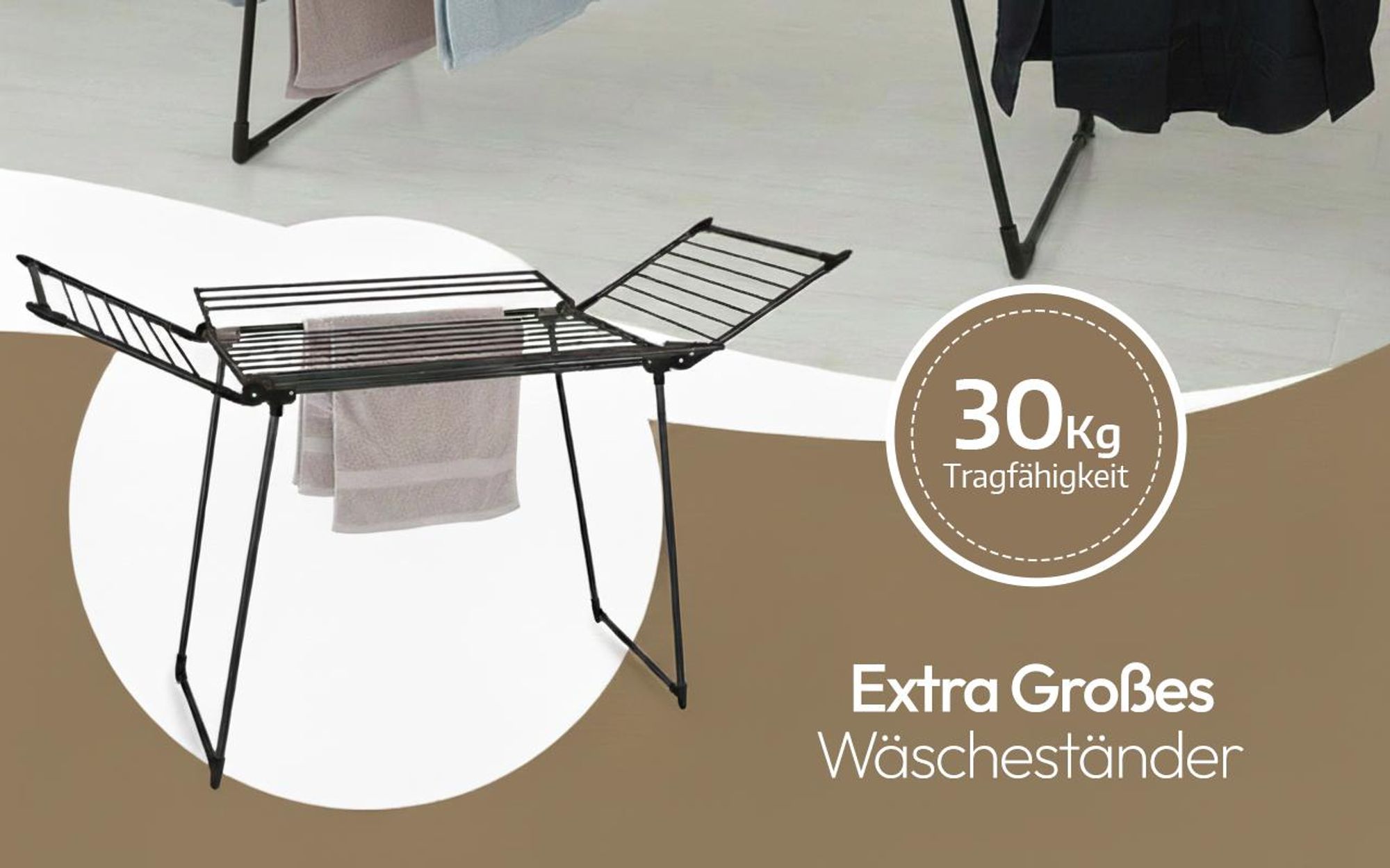 Meisterhome® Extra großer und Stabiler Wäscheständer - Schwarz - Standtrockner mit Flügeln für Lange Kleidungsstücke, standfester Flügelwäschetrockner - für drinnen und draußen - 25m Trockenleinenlänge