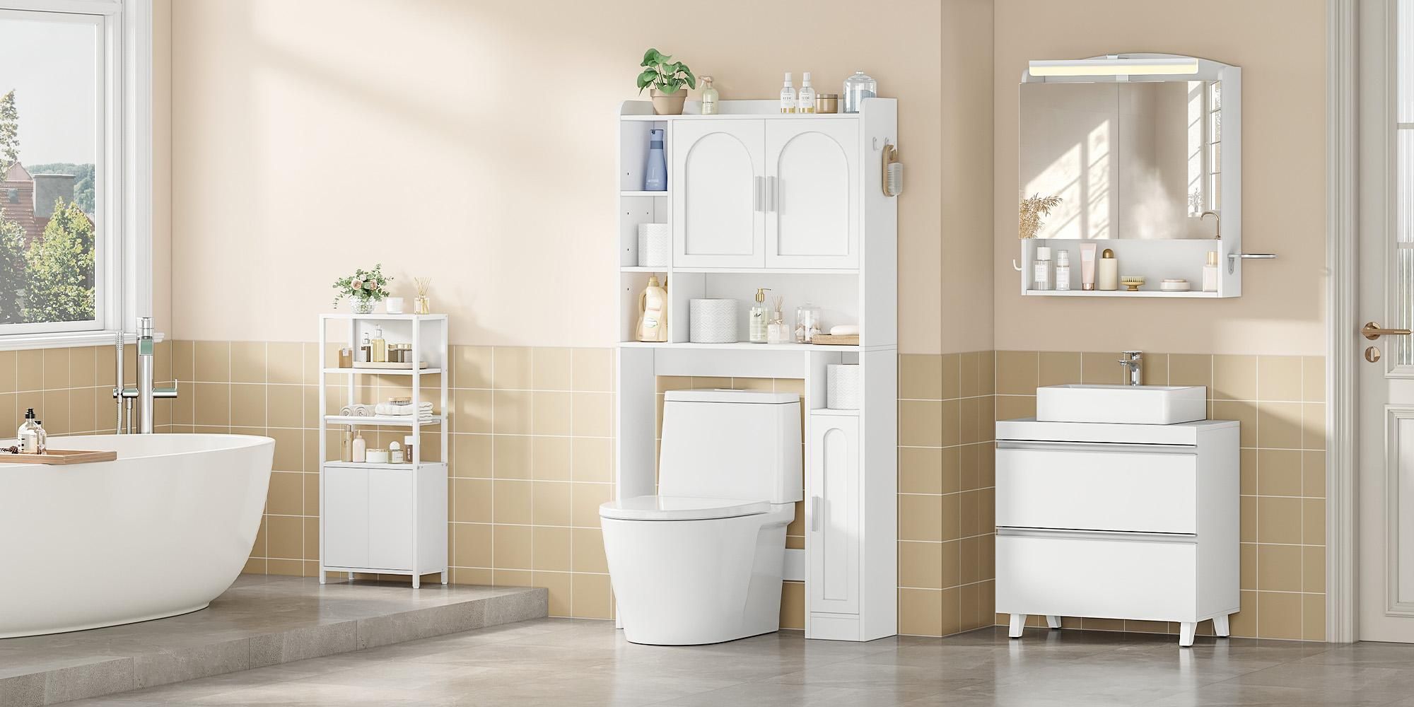 Fobyfurny Waschmaschinenschrank mit 3 Türen, Verstellbare Ablagen Waschmaschinenregal mit 5 offenen Fächern, für Badezimmer, Toilette und Waschküche