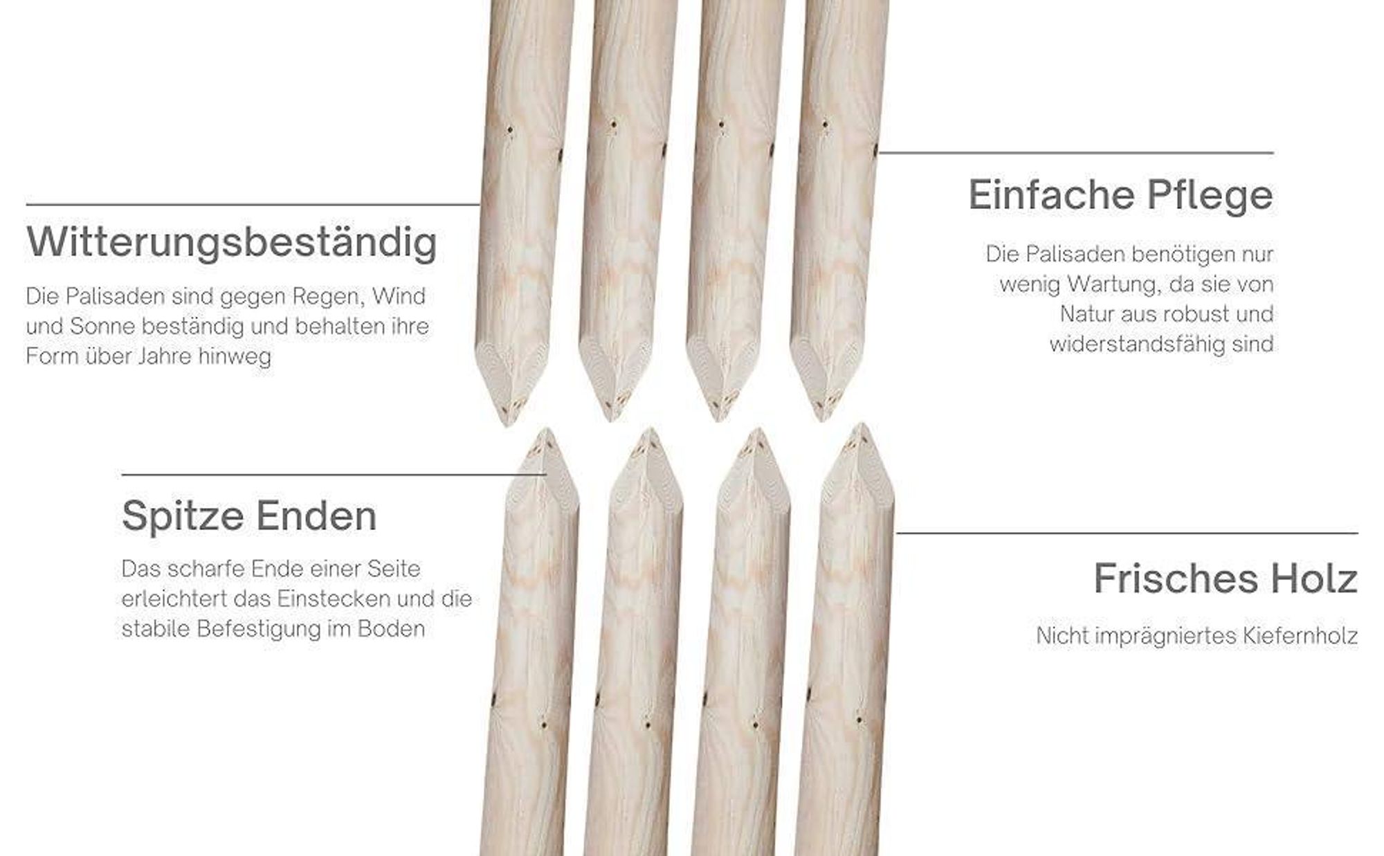 TIMBERMIK ø 6cm 4-Pack Spitze Holzpalisaden Länge: 220 cm Holzpfähle Garten Palisade Kieferholz Zaunpfosten Witterungsbeständig Nicht Imprägniert
