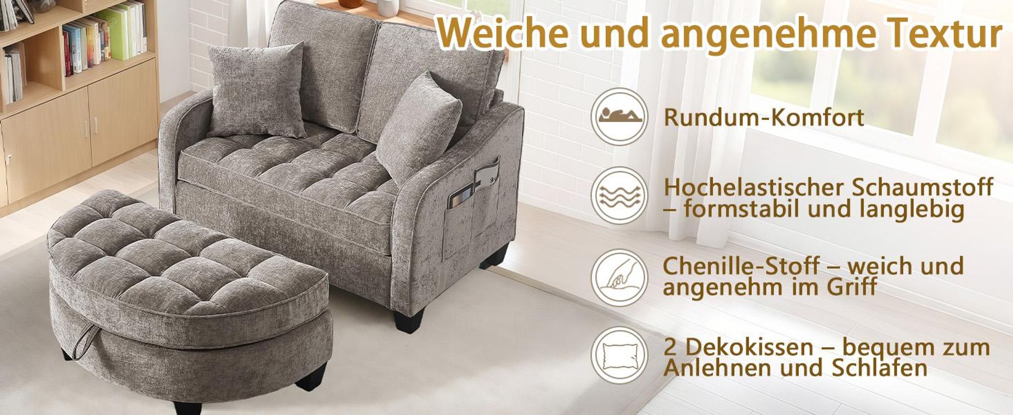 MODFU Multifunktionales Sofa Schlafsofa mit Aufbewahrungs-Hocker,Relaxsofa mit rutschfeste Kunststoffbeine,Braun