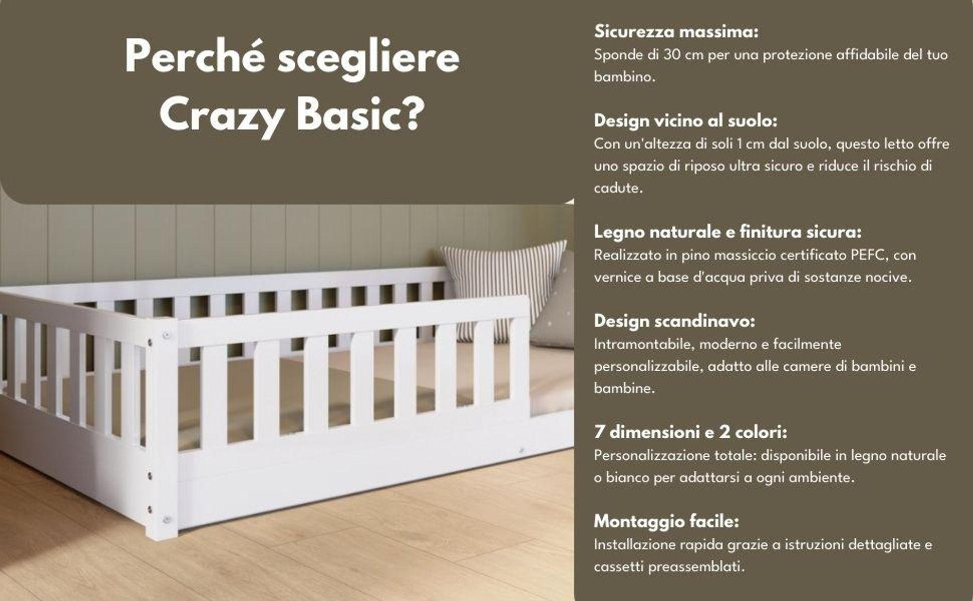 Crazy Pine Letto per bambini 140x200 cm - Letto da pavimento Montessori in legno massiccio con protezione anticaduta - Crazy Basic