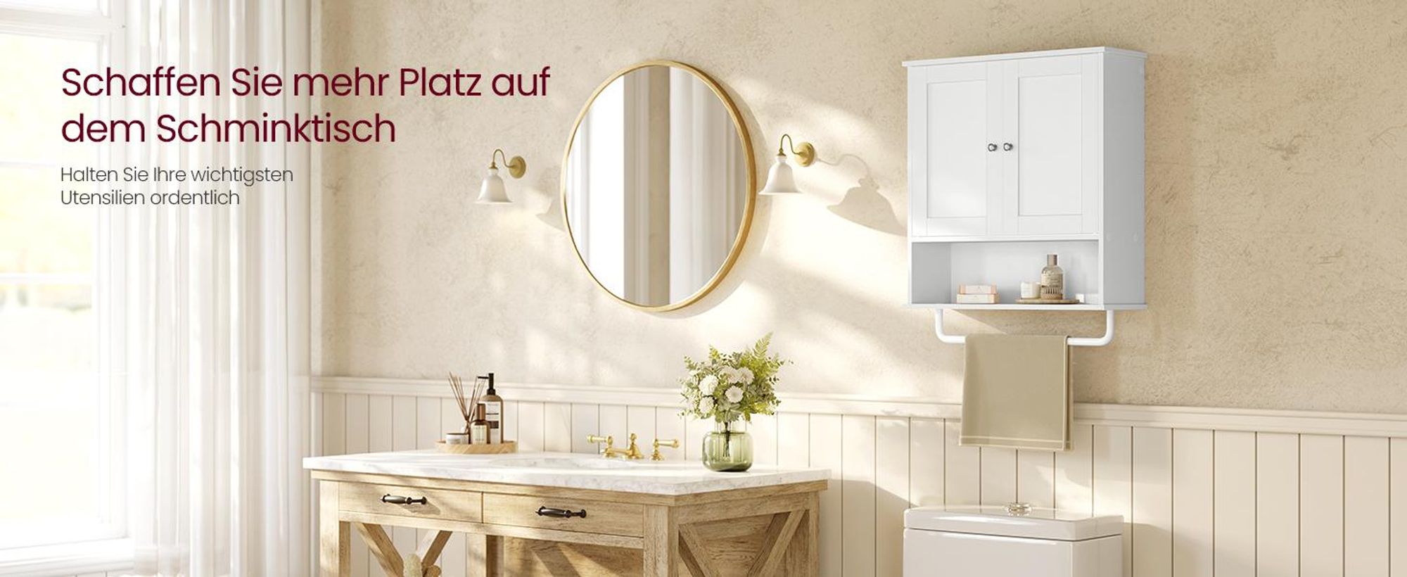 VASAGLE Wandschrank mit Türen, Handtuchhalter und offenem Fach, Hängeschrank für Bad, verstellbare Ablage, Landhausstil, weiß