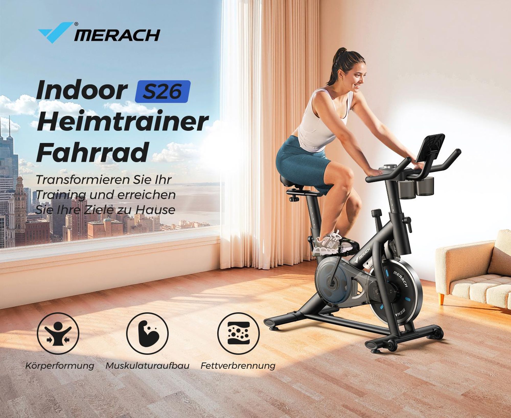 Leises Heimtrainer Fahrrad LED-Monitor, Bluetooth & App, verstellbarer Sitz & Widerstand, Tablet- & Flaschenhalter, bis 136 kg, Fitnessbike Zuhause