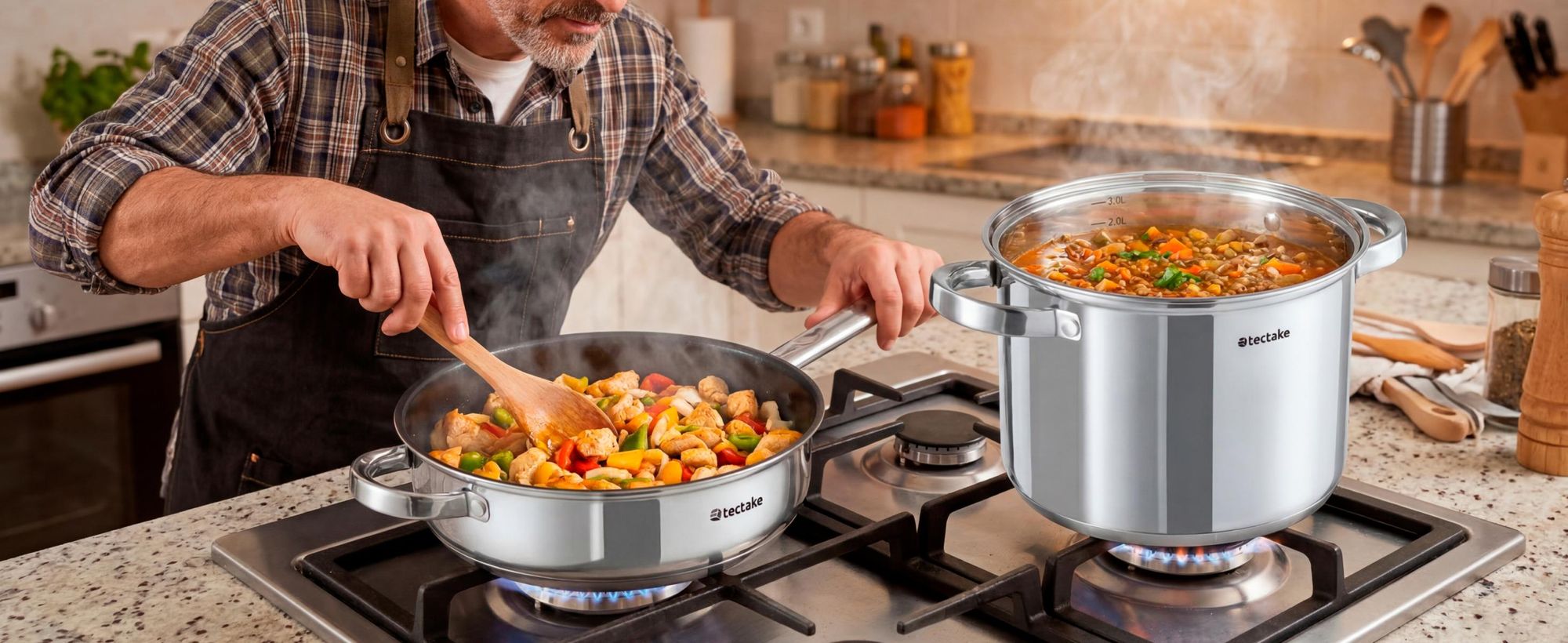 tectake® Kochtopfset Turin 15-teilig, aus Edelstahl, für Induktion geeignet integrierte Messskala in den Töpfen