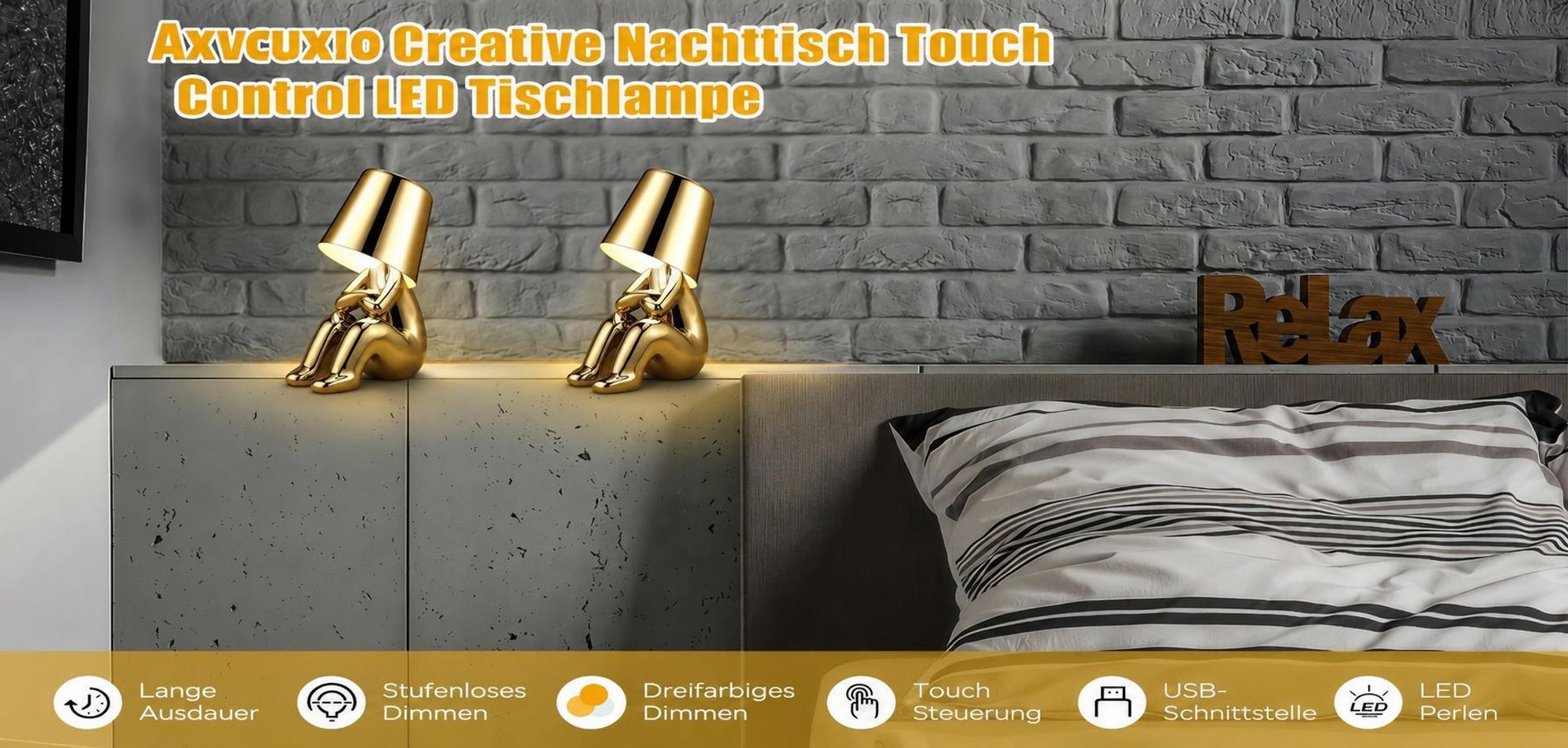 Thinker-Statue LED Nachttischlampe mit Touch-Steuerung,USB-Aufladung,3 Helligkeitsstufen,Kabellose Dimmbare Tischlampe,Dekorative Nachtlicht,(Gold B)