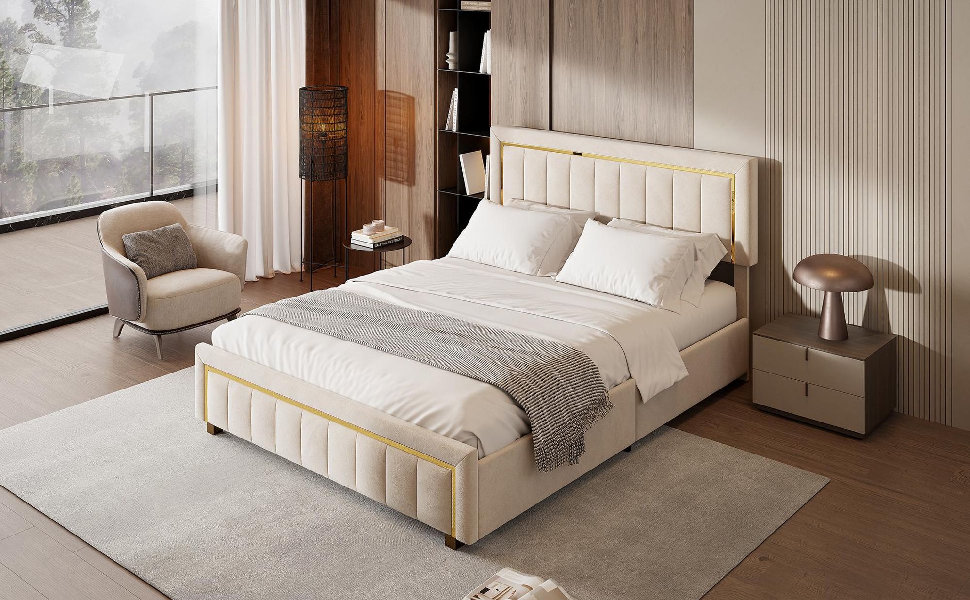 Polsterbett 140x200cm mit Stauraum und Lattenrost, Doppelbett mit Rückenlehne, Vergoldetem Rand Doppelbett Ehebett Funktionsbett aus Samt, Beige