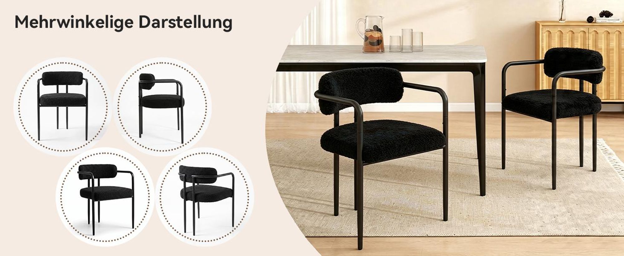 Puluomis Esszimmerstuhl mit Armlehnen 4er Set, Ergonomischer Küchenstühle mit gepolsterten Sitz, Teddyfleece Bezug, 120kg Tragfähigkeit schwarz