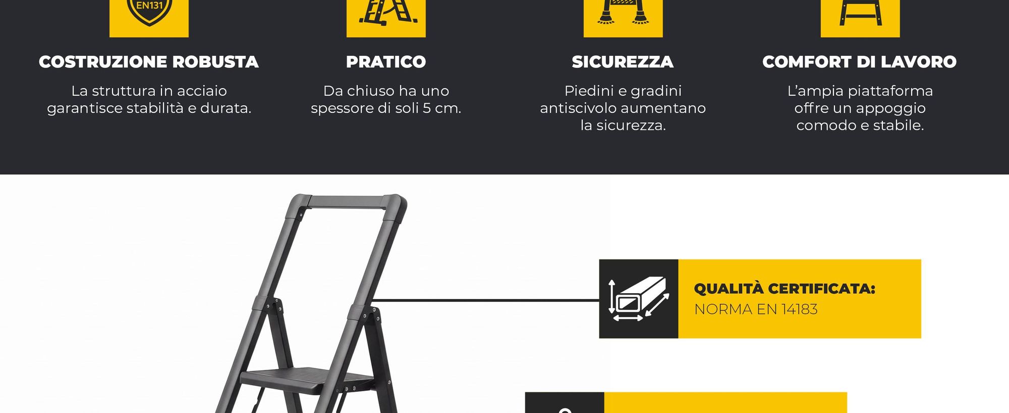 Drabest | Scala pieghevole in acciaio, modello "Slim", per uso domestico e in officina. Colore: nero. 4 gradini. Pieghevole. Capacità massima di carico: 150 kg. Altezza di lavoro: 2,88 metri