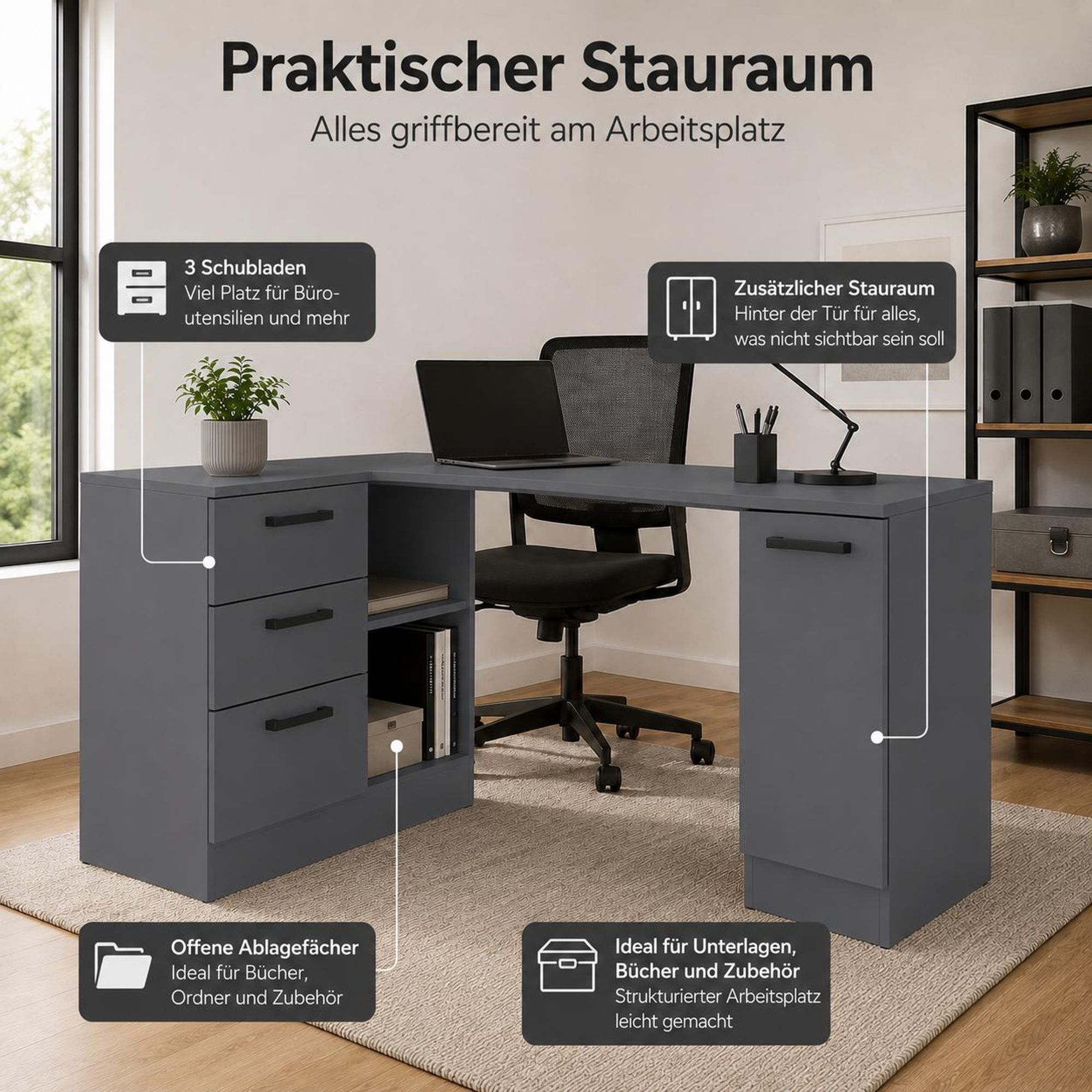 Eckschreibtisch in Anthrazit, wahlweise rechts oder links flexibel montierbar.