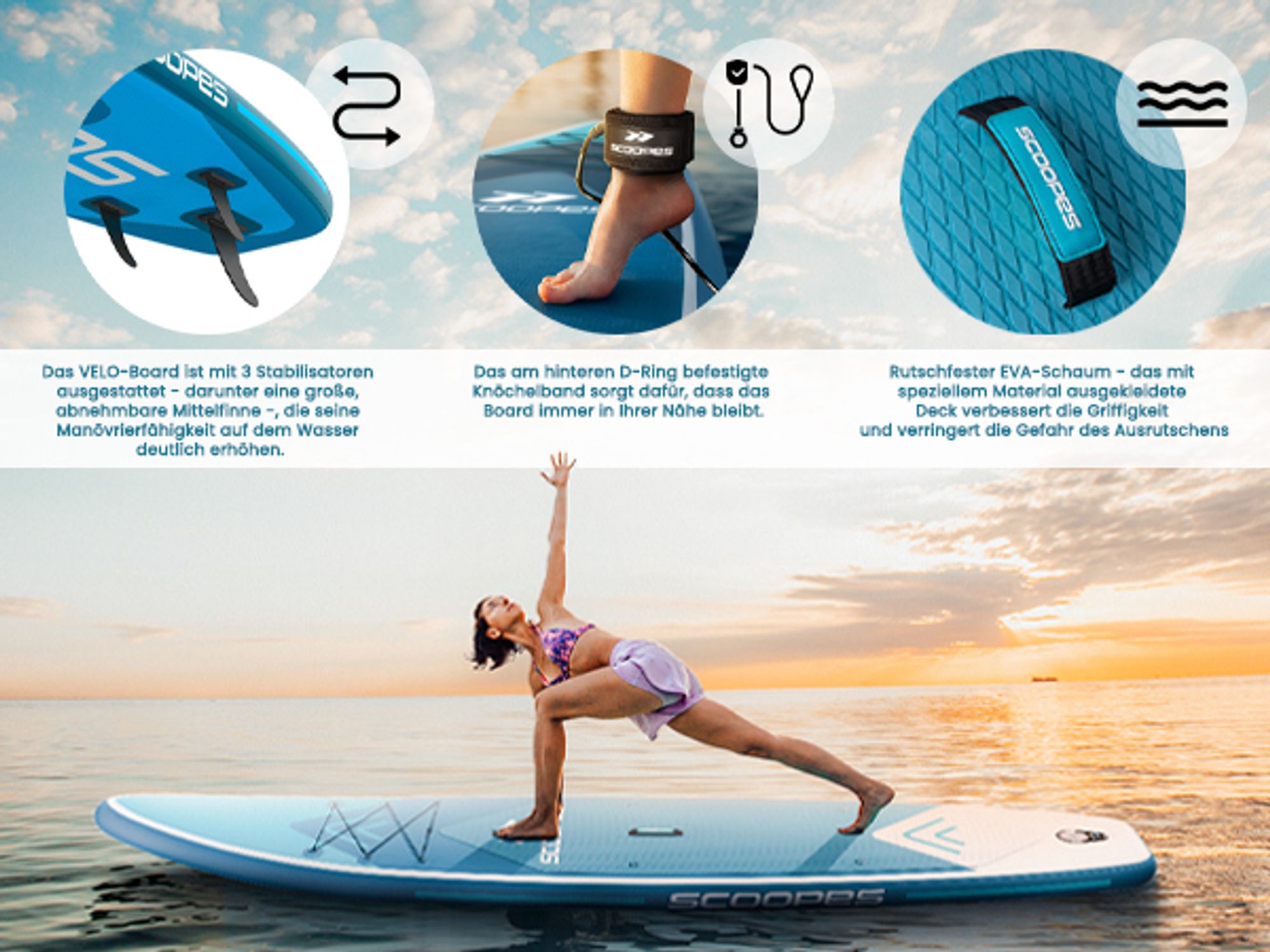 Stand Up Paddle Board 320 cm lang mit Fußring, Griff und Flossen