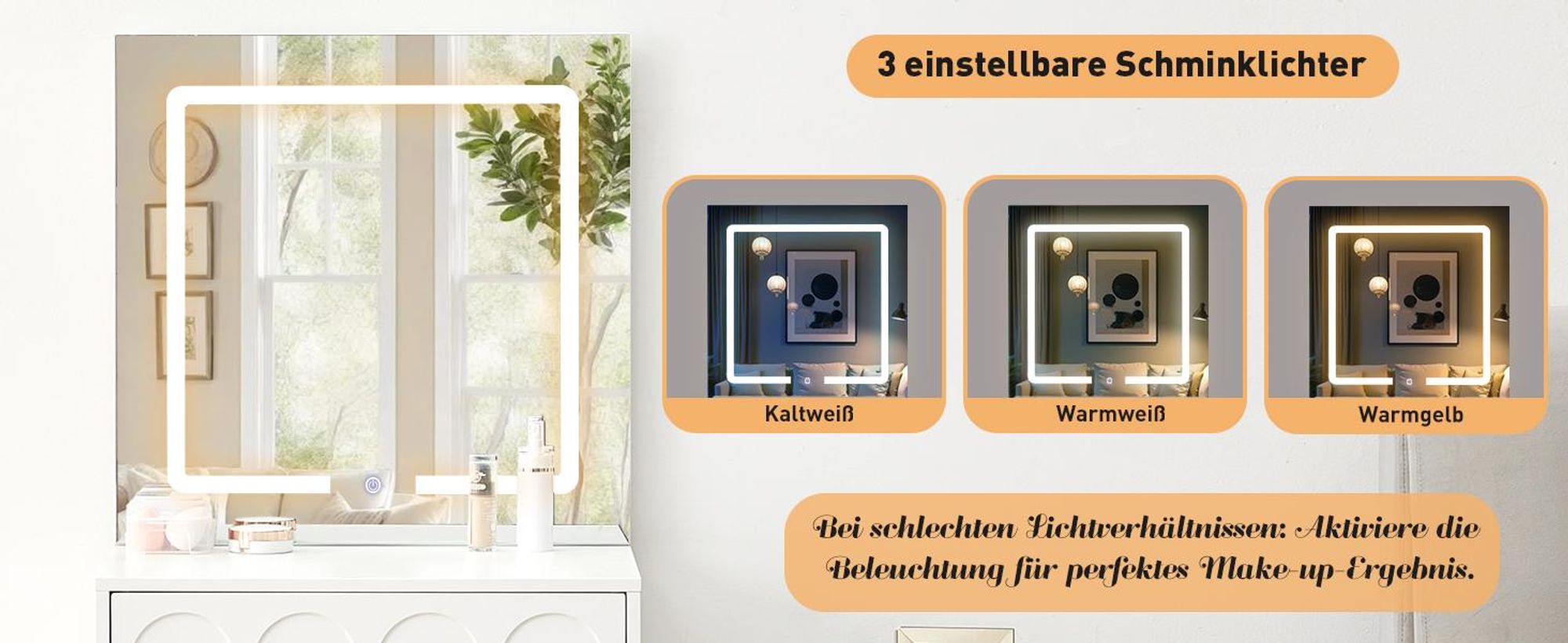 LED-Schminktisch mit drei einstellbaren Lichtfarben