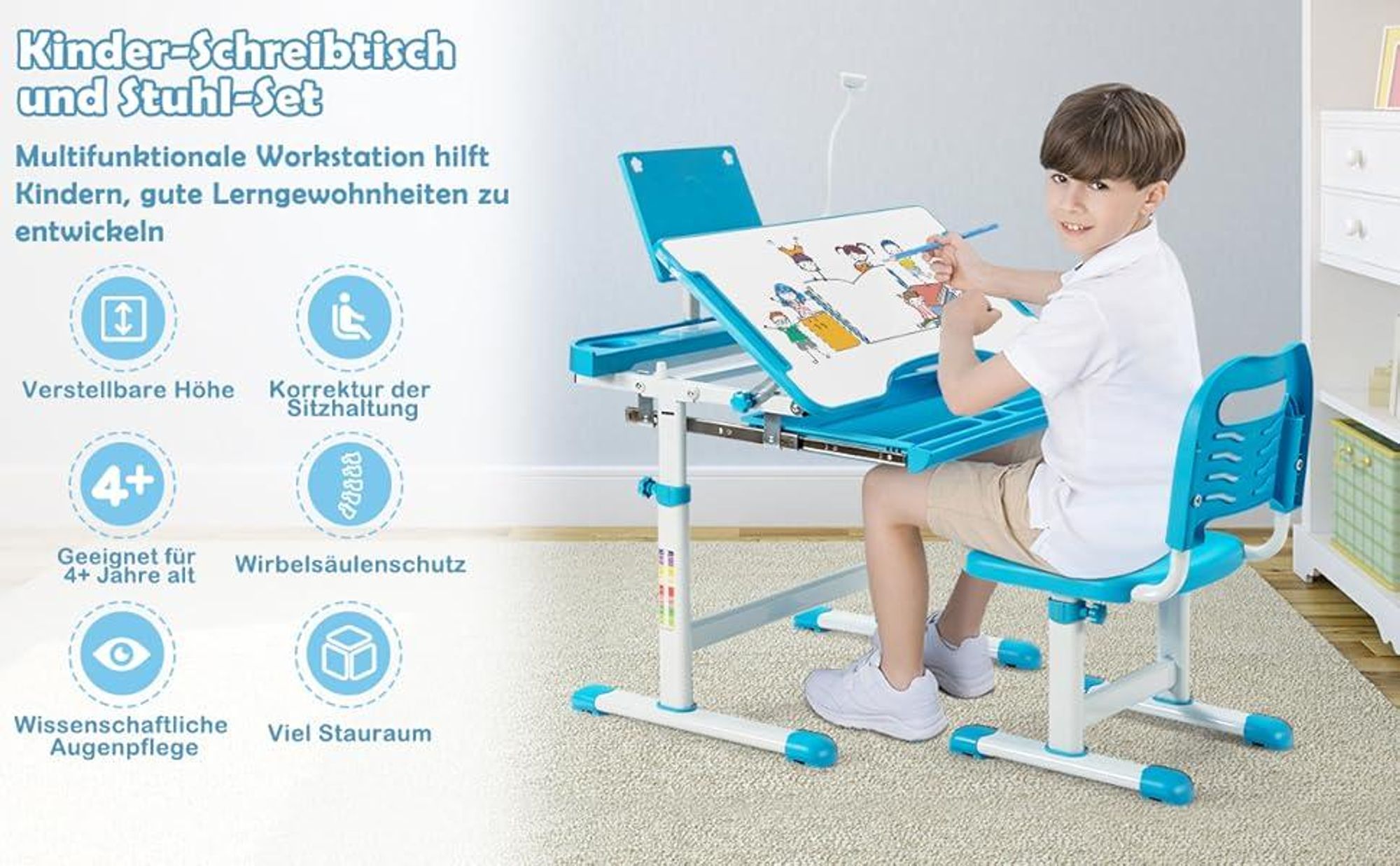 COSTWAY Kinderschreibtisch Set mit Bücherständer& LED-Licht, höhenverstellbarer Kindertisch und Stuhl mit gekippter Tischplatte&Schublade, Kinder Schreibtischfür Jungs & Mädchen (Rosa)