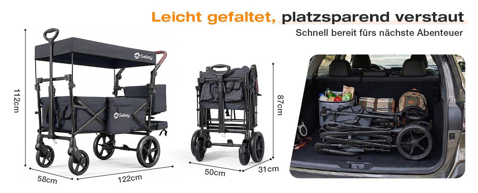 Sekey Bollerwagen Faltbar mit Dach Kinder Bollerwagen mit XXL-Rädern (24/20 cm), mit Zieh-/Schiebegriff, Schwarz
